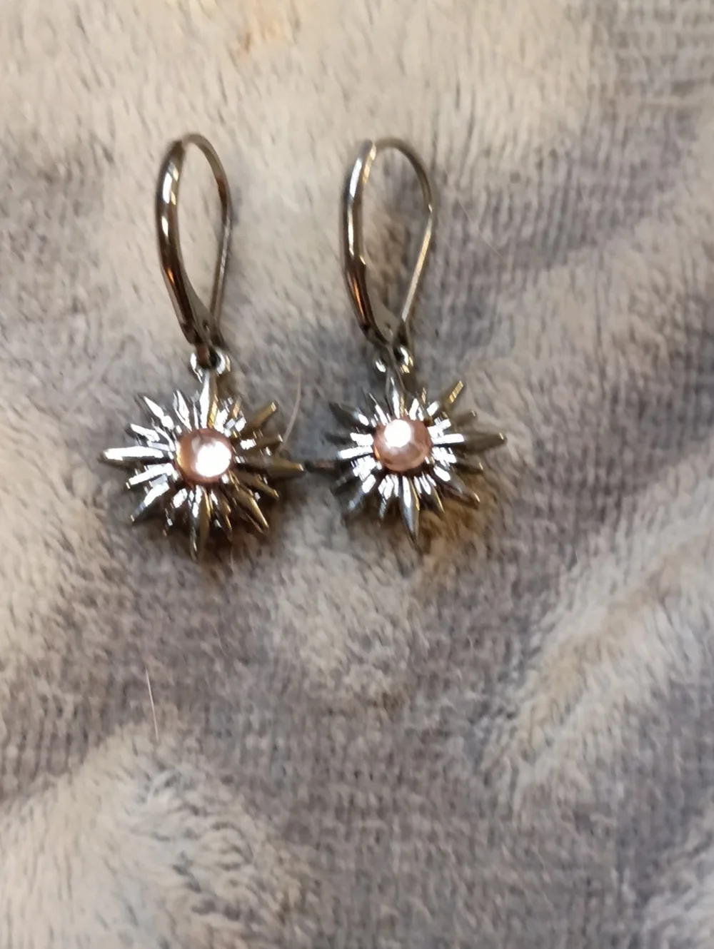 Silver Sunburst Earrings with Pink Center Gem